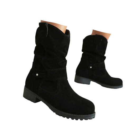 Xbemkste Westernstiefel Damen Stiefeletten Cowboystiefel mit Absatz Wildleder Ankle Boots Slouchy Boots Weiter Schaft Kurzstiefel Retro Halbhoch Schlupfstiefel Winterstiefel (37) von Xbemkste