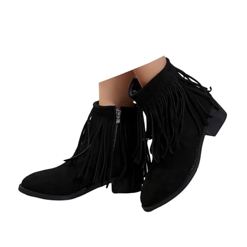 Xbemkste Westernstiefel Damen Stiefeletten mit Absatz Seitlicher Reißverschluss Fransen Ankle Boots Retro Kurzschaft Boots Elegant Knöchelstiefel Herbst Winter Schuhe (37) von Xbemkste