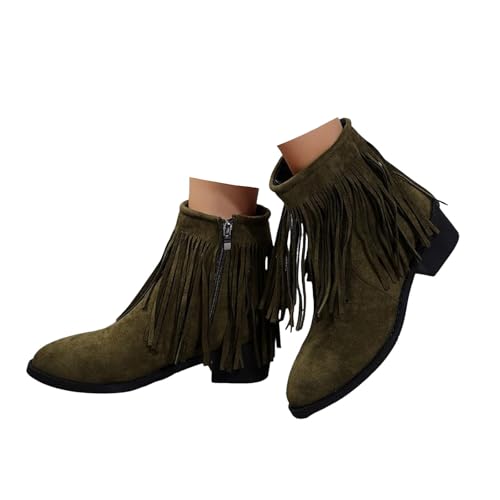 Xbemkste Westernstiefel Damen Stiefeletten mit Absatz Seitlicher Reißverschluss Fransen Ankle Boots Retro Kurzschaft Boots Elegant Knöchelstiefel Herbst Winter Schuhe (Green, 36) von Xbemkste