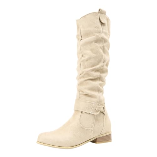 Xbemkste Westernstiefel Damen Veloursleder Blockabsatz Reißverschluss Cowboystiefel Hohe Stiefel Slouchy Boots Elegant Langschaftstiefel Damenstiefel Winterschuhe (Beige, 41) von Xbemkste