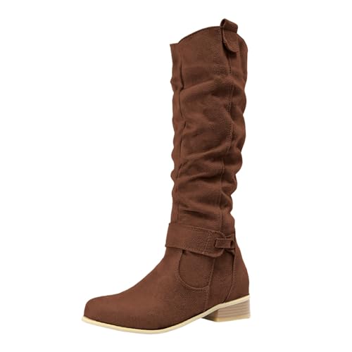 Xbemkste Westernstiefel Damen Veloursleder Blockabsatz Reißverschluss Cowboystiefel Hohe Stiefel Slouchy Boots Elegant Langschaftstiefel Damenstiefel Winterschuhe (Brown, 38.5) von Xbemkste