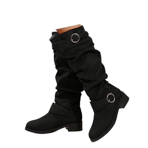 Xbemkste Westernstiefel Damen Wildleder Stiefel Elegant Langschaftstiefel Gekräuselt Gürtelschnalle Kniehohe Boots Hohe Cowboystiefel Winterstiefel Schlupfen Damenstiefel (40) von Xbemkste