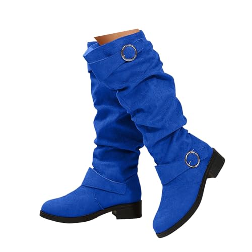 Xbemkste Westernstiefel Damen Wildleder Stiefel Elegant Langschaftstiefel Gekräuselt Gürtelschnalle Kniehohe Boots Hohe Cowboystiefel Winterstiefel Schlupfen Damenstiefel (Blue, 41) von Xbemkste