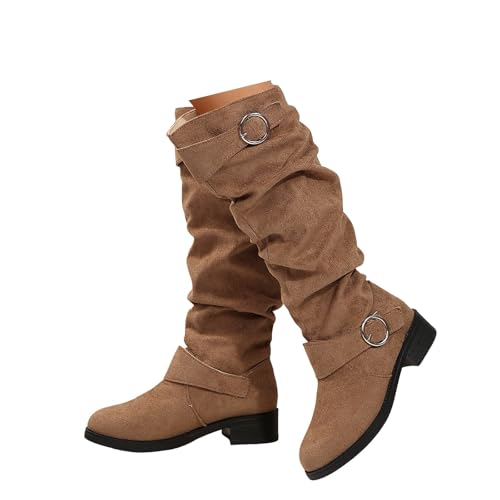 Xbemkste Westernstiefel Damen Wildleder Stiefel Elegant Langschaftstiefel Gekräuselt Gürtelschnalle Kniehohe Boots Hohe Cowboystiefel Winterstiefel Schlupfen Damenstiefel (Khaki, 37.5) von Xbemkste