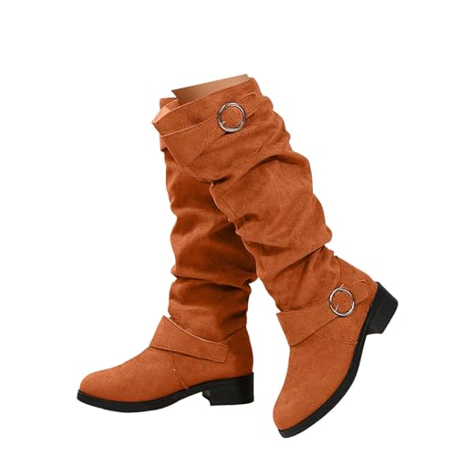 Xbemkste Westernstiefel Damen Wildleder Stiefel Elegant Langschaftstiefel Gekräuselt Gürtelschnalle Kniehohe Boots Hohe Cowboystiefel Winterstiefel Schlupfen Damenstiefel (Orange, 37.5) von Xbemkste