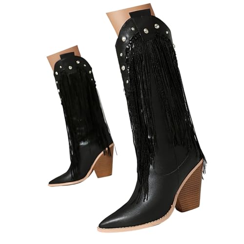Xbemkste Westernstiefel Fransen Damen Kniehohe Cowboystiefel mit Chunky Absatz Mittelhoch Damenstiefel Glitzer Fransenstiefel Winterstiefel für Party Konzert Gericht (37.5) von Xbemkste