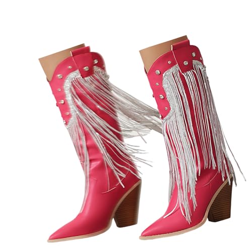 Xbemkste Westernstiefel Fransen Damen Kniehohe Cowboystiefel mit Chunky Absatz Mittelhoch Damenstiefel Glitzer Fransenstiefel Winterstiefel für Party Konzert Gericht (Red, 39) von Xbemkste