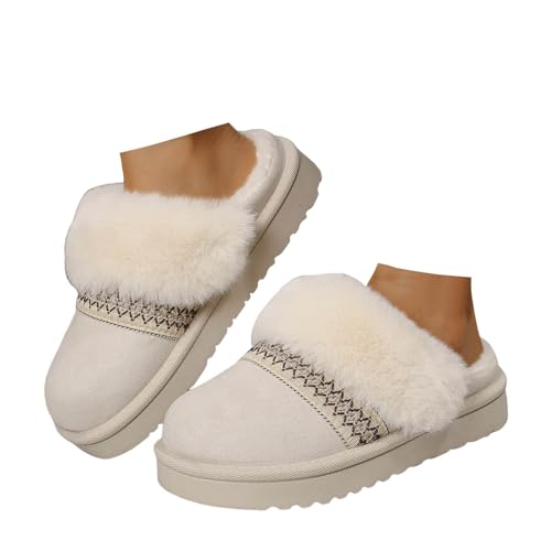 Xbemkste Winter Fell Hausschuhe Damen Fuzzy Slippers Warme Gemütlich Flauschige Plüschschuhe Lammfell Hausschuhe Weiche Rutschfeste Hauspantoffeln Verdicken Slide Slippers (Beige, 38.5) von Xbemkste