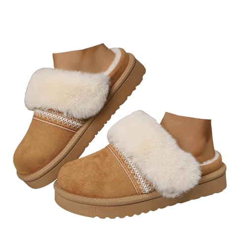 Xbemkste Winter Fell Hausschuhe Damen Fuzzy Slippers Warme Gemütlich Flauschige Plüschschuhe Lammfell Hausschuhe Weiche Rutschfeste Hauspantoffeln Verdicken Slide Slippers (Brown, 38.5) von Xbemkste