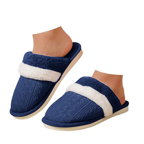Xbemkste Winter Hausschuhe Damen Plüsch Weiches Gemütlich Pantoffeln Herren Warme Slippers Memory Foam rutschfest Hauspantoffeln mit Pelzrand und Futter Plüschhausschuhe (Navy, 39) von Xbemkste