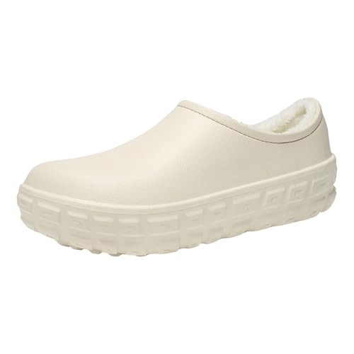 Xbemkste Winter Hausschuhe Damen mit Fleecefutter Clogs Warme Wasserdicht Pantoffeln Kuschelig Weiches Slipper Antirutsch Wohnschuhe Winterschuhe für Drinnen Draußen (Beige, 37) von Xbemkste