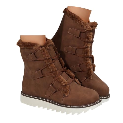 Xbemkste Winterstiefel Damen Kurz Schneestiefel mit Rutschfest Sohle und Warm Gefüttert Winterschuhe Thermo Stiefeletten zum Schnüren Elegant Ankle Boots Bequeme Halbstiefel (Brown, 41) von Xbemkste