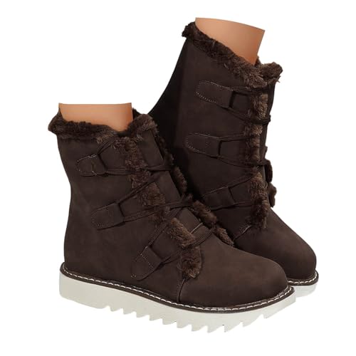 Xbemkste Winterstiefel Damen Kurz Schneestiefel mit Rutschfest Sohle und Warm Gefüttert Winterschuhe Thermo Stiefeletten zum Schnüren Elegant Ankle Boots Bequeme Halbstiefel (Coffee, 37.5) von Xbemkste