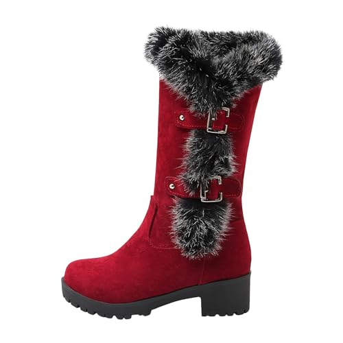 Xbemkste Winterstiefel Damen mit mit Rutschfest Sohle Warm Gefüttert Winterschuhe Boots Elegant Schneestiefel Bequem Rund Thermostiefel Mittelschaftstiefel Schneeschuhe (Red, 34) von Xbemkste