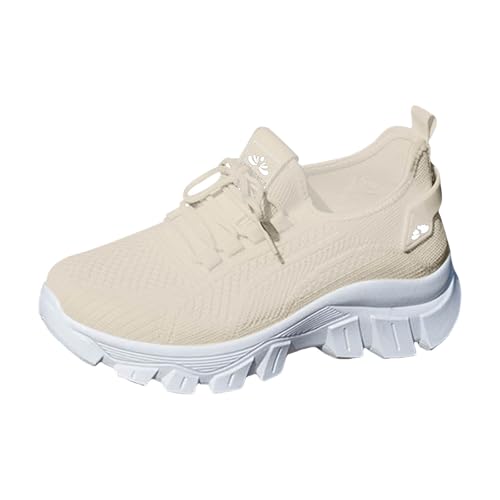 atmungsaktive Schuhe Damen niedrige Oberseite, zum Hineinschlüpfen, leichte Mesh-Laufschuhe, Bequeme, atmungsaktive Strick-Sneaker für Damen Plateau (Khaki, 40) von Xbemkste