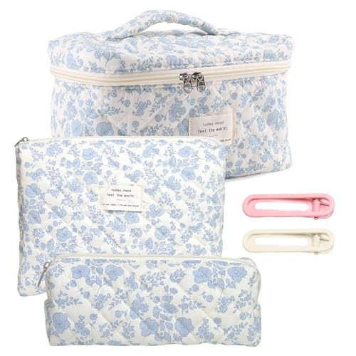 3 Teiliges Set Kosmetiktasche Damen Reise Kulturbeutel Groß Baumwolle Kulturtasche mit Blumenmuster Tragbare Cosmetic Bag Organizer Gesteppte Make Up Tasche mit 2 Haarnadeln für Alltag und Reisen von Xbessc