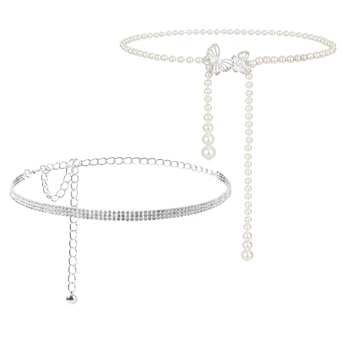 Xbessc 2 Stück Kristall Taillenkettengürtel Glitzergürtel für Abendkleid Strass Taillenkette Gürtel Taillengürtel Silber Kettengürtel Damen Perlenschmetterling Glitzer Gürtel für Jeans Kleid von Xbessc