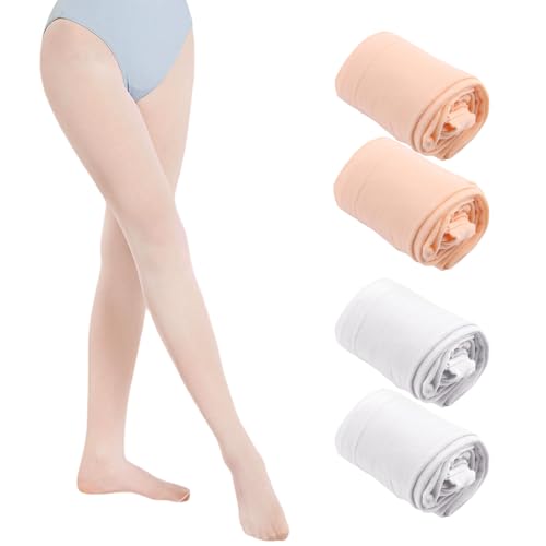 Xbessc 4 Paar Ballett Strumpfhose Mädchen 80 DEN Feinstrumpfhose Ballettstrumpfhose Mädchen Elastisch Atmungsaktiv Tanzstrumpfhose mit Fuß Hautfarbe Weiß für Tanzkurs Leistung Alltag Kinder 5–9 Jahren von Xbessc