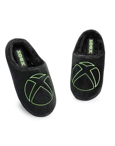 Xbox Hausschuhe für Herren | Slip-On-Pantoletten mit Gaming-Logo für Erwachsene aus schwarzem Velours | Spielkonsolen-Hausschuhe mit Pelzfutter und Gummisohle | Microsoft Gamer Indoor-Schlafzimmer von Xbox