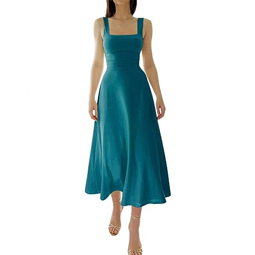 Xcllwhy New Women's Thick Straps Midi Dress,Summer Midi Slip Dres Sleeveless (Peacock Blue,L) von Xcllwhy