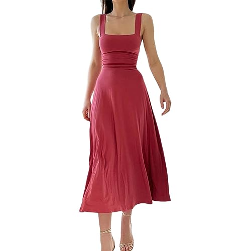 Xcllwhy New Women's Thick Straps Midi Dress,Summer Midi Slip Dres Sleeveless (Watermelon red,XL) von Xcllwhy