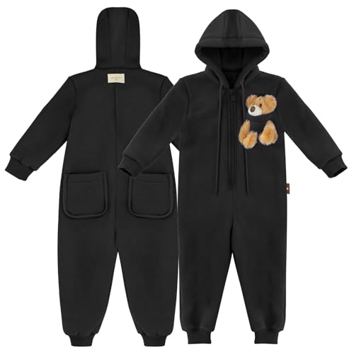Xclusive Line by Kids of Heart Kinder Overall Schwarz mit Teddy, Onesie mit Kapuze und Brusttasche für Kuscheltier 4-5 Jahre von Xclusive Line