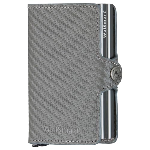 Xclusive Line by WalSmart Smart Wallet Twin aus Carbon Leder, Grau, Geldbörse mit Knopfverschluss für bis zu 14 Karten, RFID Schutz von Xclusive Line