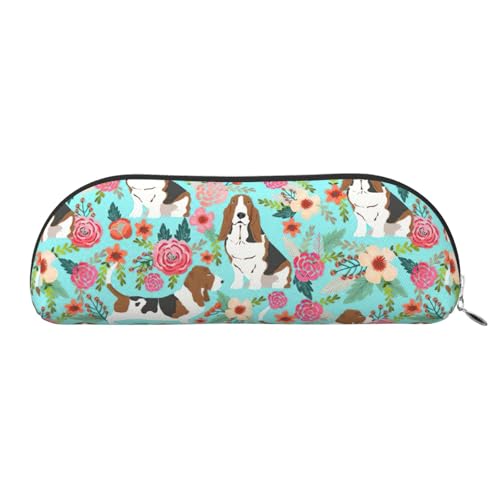Xcwzbls Federmäppchen aus Leder, halbrund, Motiv: Basset Hound Blumen, großes Fassungsvermögen, Aufbewahrungstasche, Reisetasche, Make-up-Kosmetiktasche, silber, Einheitsgröße, Taschen-Organizer von Xcwzbls