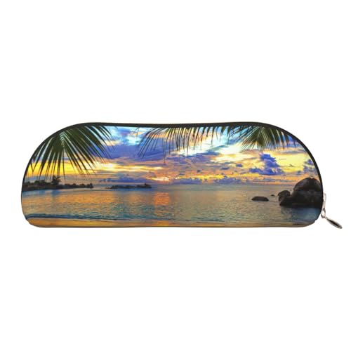 Xcwzbls Federmäppchen aus Leder, halbrund, Motiv: Sonnenuntergang am Strand, große Kapazität, Aufbewahrungstasche, Reisetasche, Make-up-Kosmetiktasche, gold, Einheitsgröße, Taschen-Organizer von Xcwzbls