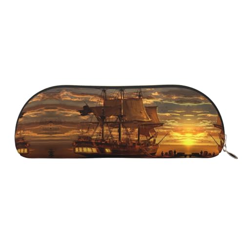 Xcwzbls Federmäppchen aus Leder, halbrund, Piratenschiff, große Kapazität, Aufbewahrungstasche, Reisetasche, Make-up-Kosmetiktasche, gold, Einheitsgröße, Taschen-Organizer von Xcwzbls
