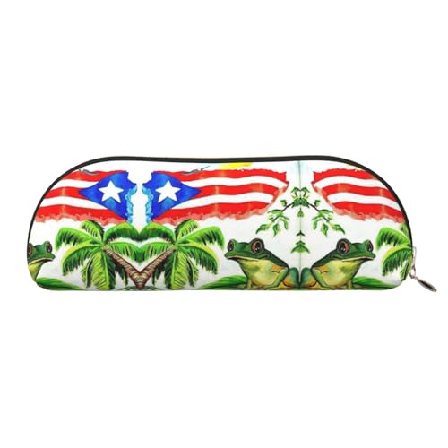 Xcwzbls Federmäppchen aus Leder, halbrund, Puerto Rico-Flagge, Frosch, Palmen, großes Fassungsvermögen, Aufbewahrungstasche, Reisetasche, Make-up-Kosmetiktasche, gold, Einheitsgröße, Taschen-Organizer von Xcwzbls