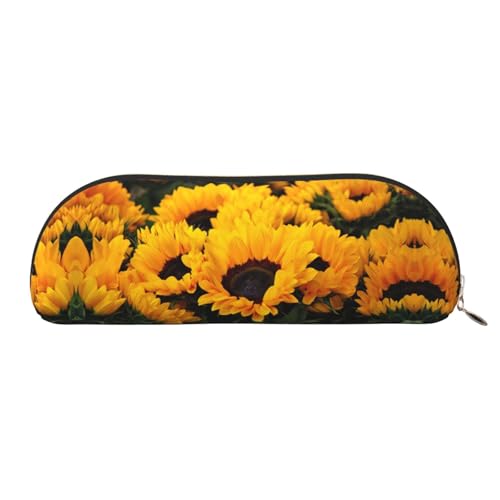 Xcwzbls Federmäppchen aus Leder, halbrund, Sonnenblumenfeld, großes Fassungsvermögen, Aufbewahrungstasche, Reisetasche, Make-up, Kosmetiktasche, Gelb, gold, Einheitsgröße, Taschen-Organizer von Xcwzbls