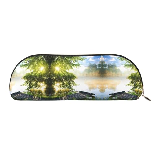 Xcwzbls Federmäppchen aus Leder, halbrunde Landschaft, Bäume, große Kapazität, Aufbewahrungstasche, Reisetasche, Make-up-Kosmetiktasche, gold, Einheitsgröße, Taschen-Organizer von Xcwzbls