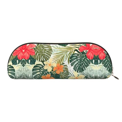 Xcwzbls Federmäppchen aus Leder, halbrunde Vegetationsblätter mit Hibiskusblüten, großes Fassungsvermögen, Aufbewahrungstasche, Reisetasche, Make-up-Kosmetiktasche, gold, Einheitsgröße von Xcwzbls