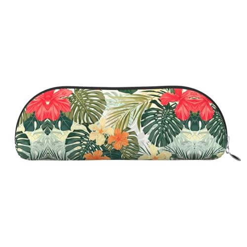 Xcwzbls Federmäppchen aus Leder, halbrunde Vegetationsblätter mit Hibiskusblüten, großes Fassungsvermögen, Aufbewahrungstasche, Reisetasche, Make-up-Kosmetiktasche, silber, Einheitsgröße Xcwzbls Federmäppchen aus Leder, halbrunde Vegetationsblätter mit Hibiskusblüten, großes Fassungsvermögen, Aufbewahrungstasche, Reisetasche, Make-up-Kosmetiktasche, silber, Einheitsgröße von Xcwzbls