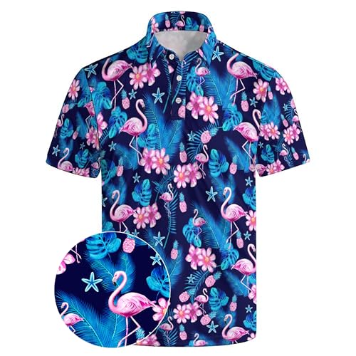 Xdceu Herren-Golf-Polo-Shirts – Hawaii-Druck, Golfshirt für Herren, schnelltrocknend, feuchtigkeitsableitend, lässig, atmungsaktiv, Flamingo, L von Xdceu