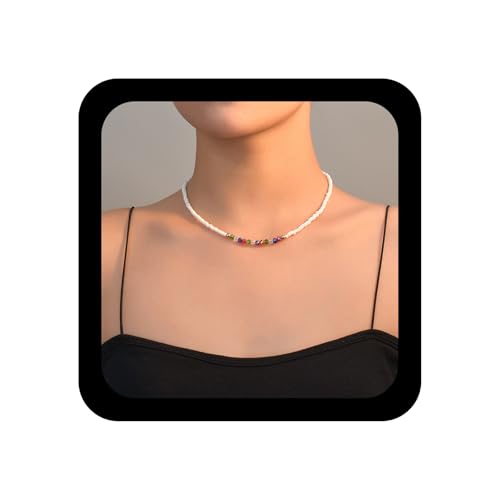 Xduargs Boho Bunte Kristall Perlen Halskette Choker Weiß Samen Perlen Strang Halskette Regenbogen Stein Choker Halsketten Vintage Reis Perlen Halsketten Schmuck Für Frauen von Xduargs
