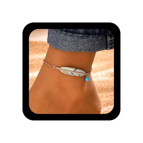 Xduargs Boho Feder Knöchel Armband Goldblatt Feder Knöchel Kette Vintage Runde Türkis Perle Fuß Kette Sommer Strand Link Armband Zubehör Für Frauen von Xduargs