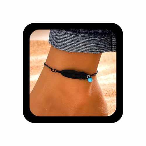 Xduargs Boho Feder Knöchel Armband Schwarz Blatt Feder Knöchel Kette Vintage Runde Türkis Perle Fuß Kette Sommer Strand Link Armband Zubehör Für Frauen von Xduargs
