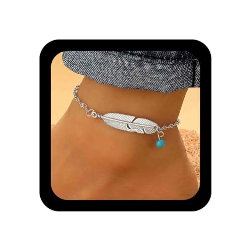 Xduargs Boho Feder Knöchel Armband Silber Blatt Feder Knöchel Kette Vintage Runde Türkis Perle Fuß Kette Sommer Strand Link Armband Zubehör Für Frauen von Xduargs