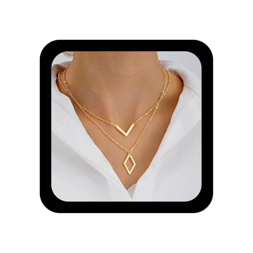 Xduargs Boho Geschichtet V Form Choker Halskette Gold Geometrischen Rhombus Halsketten Vintage Rhombus Anhänger Halskette Einstellbar V Form Kette Halsketten Schmuck Für Frauen von Xduargs