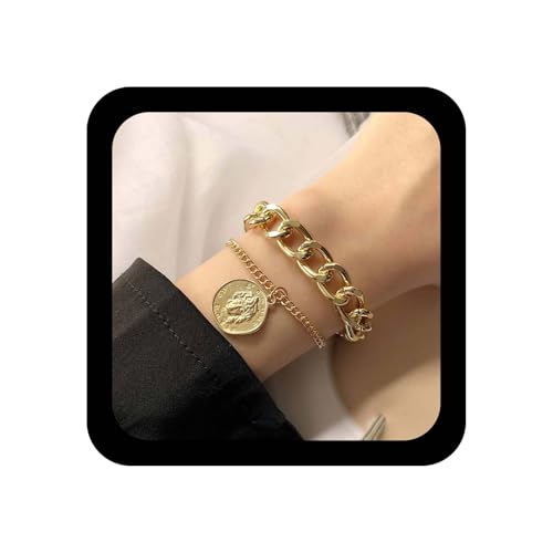 Xduargs Boho Geschichteten Kubanischen Kette Hand Armband Gold Klobige Kette Armbänder Vintage Disc Medaillon Armband Einstellbar Portrait Münze Hand Geschirr Link Armbänder Schmuck Für Frauen von Xduargs