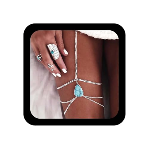 Xduargs Boho Layered Türkis Oval Bein Kette Gold Geometrische Beinriemen Vintage Türkis Oberschenkel Kette Verstellbar Rave Oberschenkel Körper Kette Zubehör Schmuck Für Frauen von Xduargs