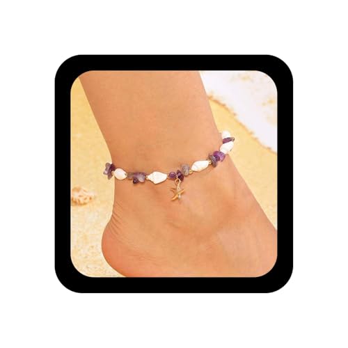 Xduargs Boho Muschel Knöchel Armband Lila Cz Fuß Kette Vintage Seestern Baumeln Knöchel Kette Einstellbar Muschel Link Armband Zubehör Für Frauen von Xduargs
