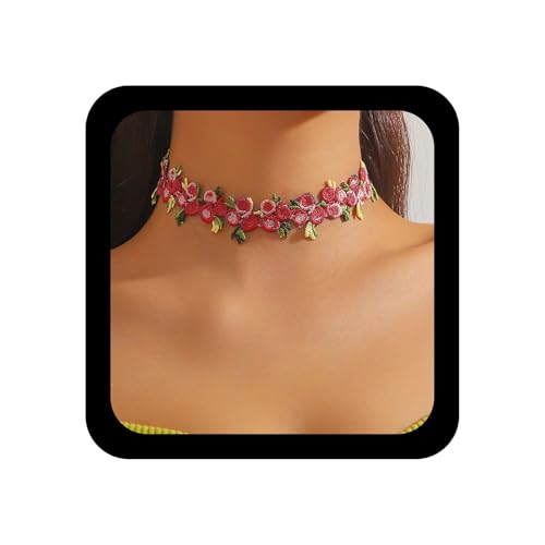 Xduargs Boho Rote Spitze Blume Halskette Rote Blumen Blumen Halsketten Vintage Gestickte Blume Choker Halskette Verstellbare Spitze Samt Kragen Halsketten Schmuck Für Frauen von Xduargs