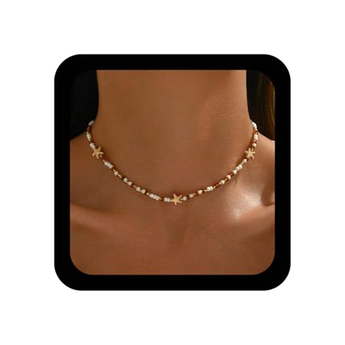 Xduargs Boho Saatgut Perlen Halskette Vintage Seestern Perlen Halskette Ozean Sea Star Choker Winzige Reisperlen Schlüsselbein Kette für Frauen von Xduargs