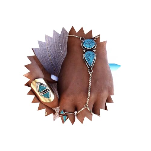 Xduargs Boho Übertriebenes Türkis Fingerring Armband Silber Armband Handgeschirr Kettenarmband Vintage Türkis Handarmband Verstellbar Sklavenkette Armbands Schmuck Für Frauen von Xduargs