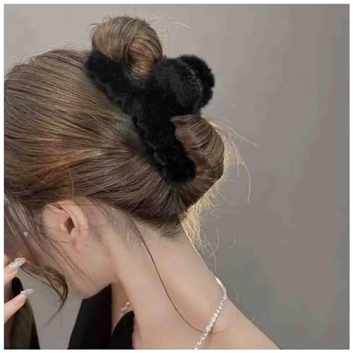 Xduargs Flauschige Boho-Haarspangen, groß, flauschig, starker Halt, große Kunstfell-Haarspangen, Kopfschmuck, rutschfest, starker Halt, dekoratives Zubehör für Damen, Kopfschmuck (schwarz) von Xduargs