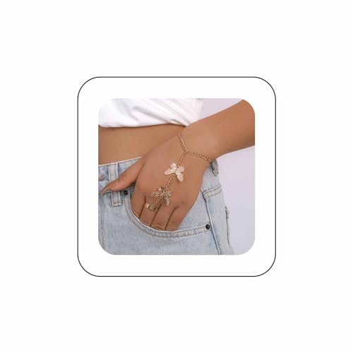 Xduargs Punk Schmetterling Finger Ring Armband Vintage Schmetterling Hand Harness Kette Armband Gold Schmetterling Sklave Kette Hand Armband Einstellbar Sklave Kette Armband Schmuck Für Frauen Und von Xduargs