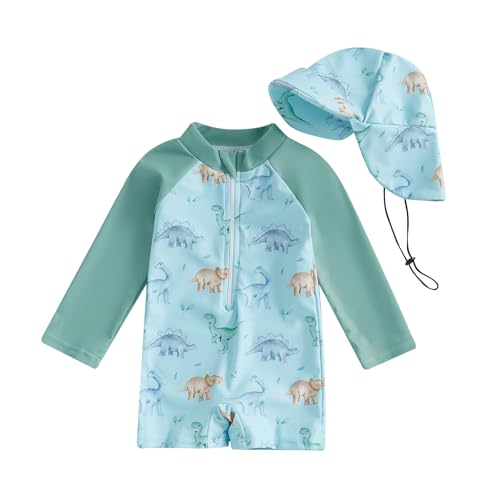 Baby Jungen Badeanzug mit Sonnenhut UPF 50+ Einteiliger Langarm Reißverschluss Bademode Baby Jungen Schwimmen Jumpsuit Set Rash Guard Badeanzug Baby Jungen Zip Up Swimwear (Grün-A, 0-3 Months) von Xeadoffubio